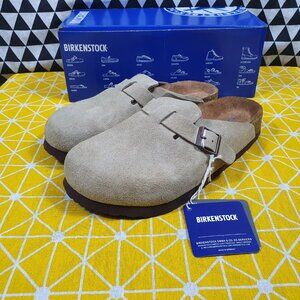 Birkenstock Boston taupe suede mule clogs